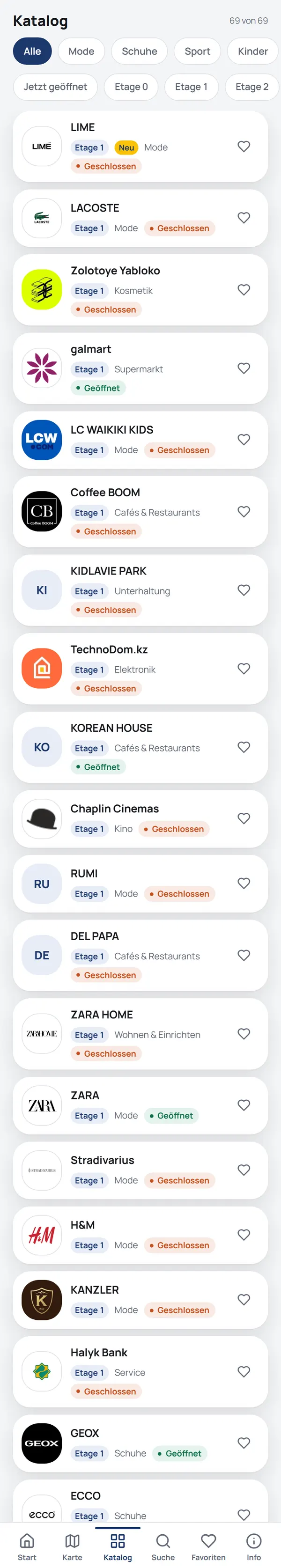 NaviGo-Katalog: Einträge mit Logo, Etage, Kategorie und Öffnungsstatus
