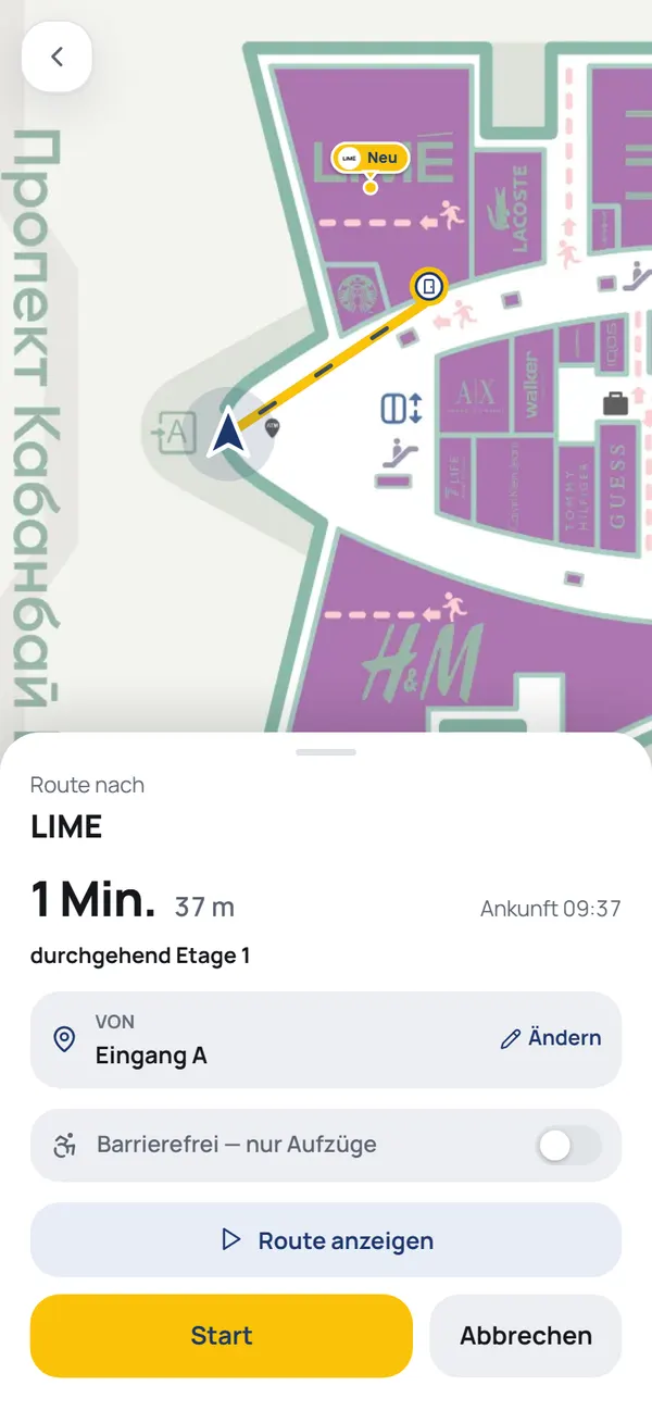 NaviGo-Routenansicht: gelbe Linie bis zum Ziel, Gehzeit und Entfernung